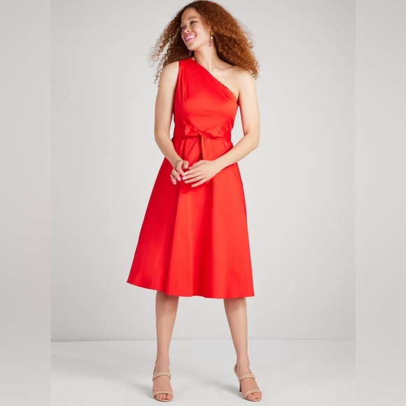 ♠️ Kate Spade Poplin One-shoulder Sabrina Midi Dress 6 red NWT - Picture 2 of 7